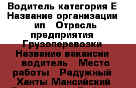 Водитель категория Е › Название организации ­ ип › Отрасль предприятия ­ Грузоперевозки › Название вакансии ­ водитель › Место работы ­ Радужный - Ханты-Мансийский, Радужный г. Работа » Вакансии   . Ханты-Мансийский